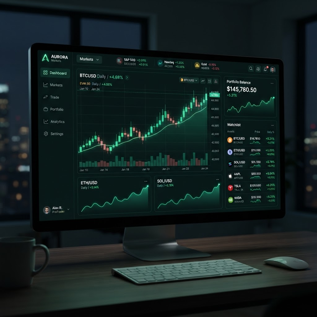 Panel de trading de TraderRun mostrando gráficos de velas, cartera y lista de seguimiento